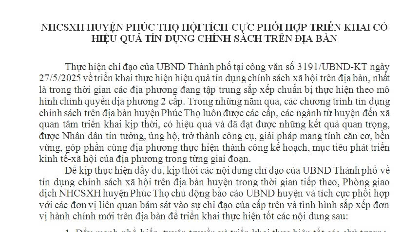 NHCSXH HUYỆN PHÚC THỌ HỘI TÍCH CỰC PHỐI HỢP TRIỂN KHAI CÓ HIỆU QUẢ TÍN DỤNG CHÍNH SÁCH TRÊN ĐỊA BÀN